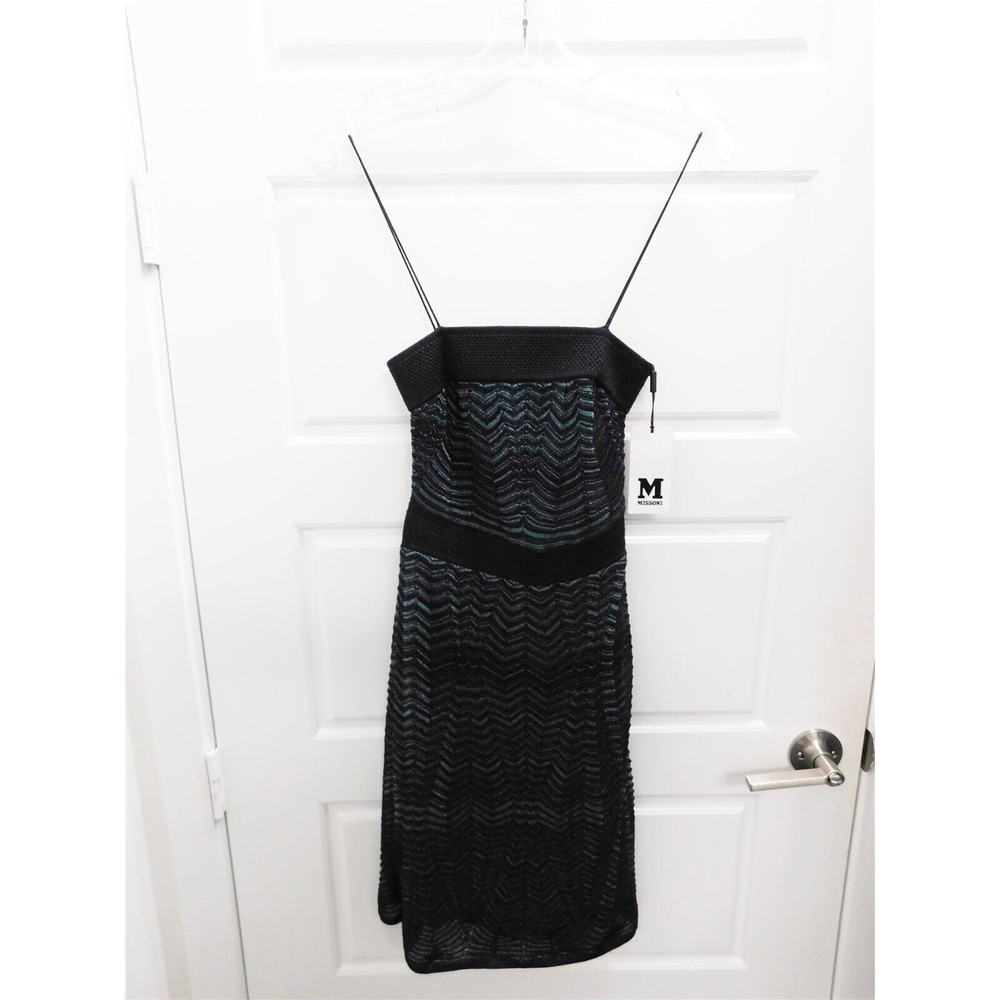 New M Missoni Black Metallic Blue Zig Zag Knit Stretchy Halter Dress $895rt sz 2